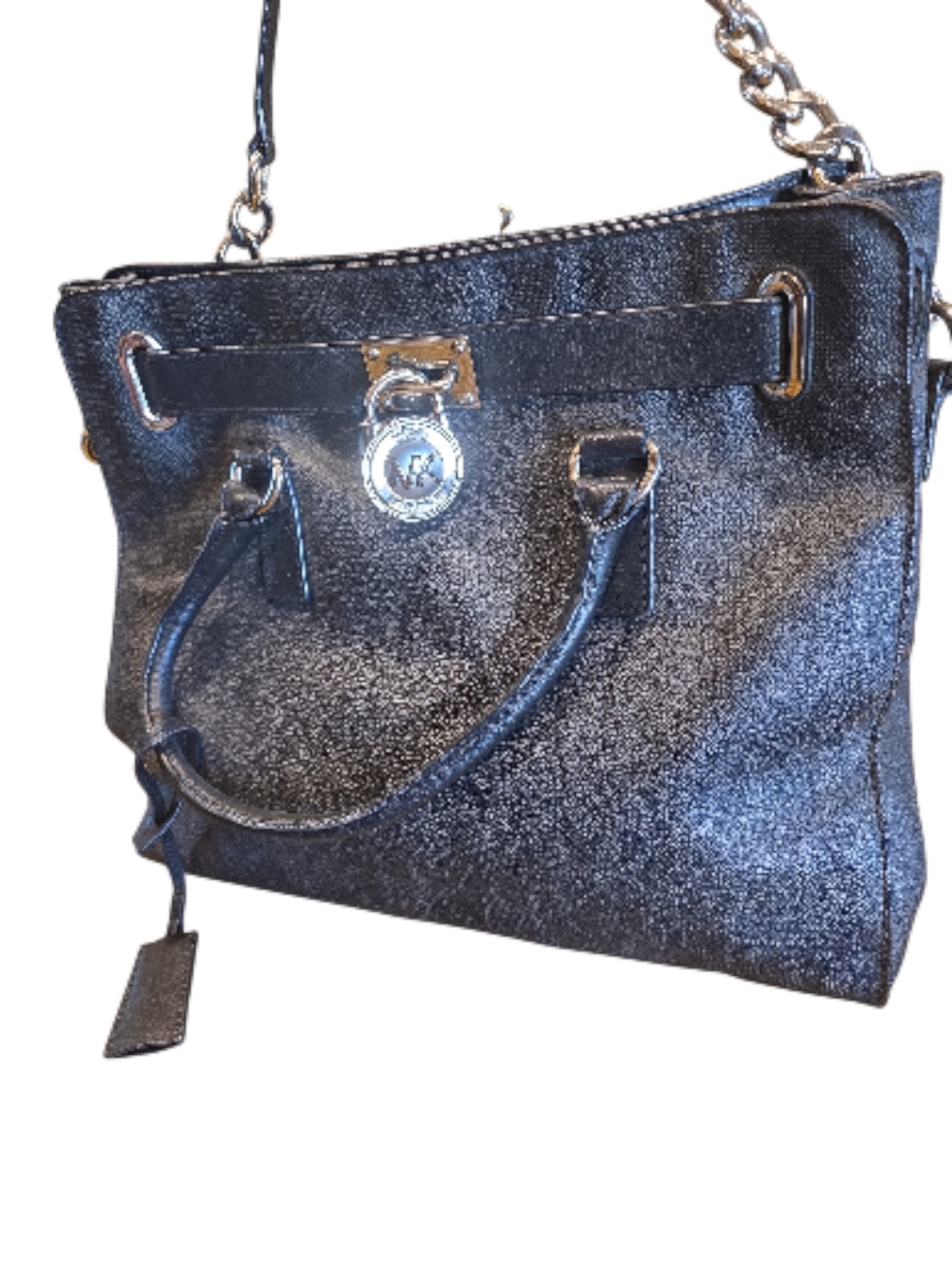 Michael Kors Black Pebbled Hamilton Tote with Silver Hardware. Subtle MK Logo